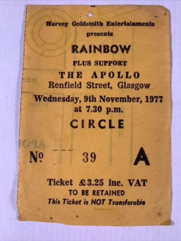 Deep Purple Rainbow Dio Ticket Vintage Rising Tour Apollo Glasgow 1977 front