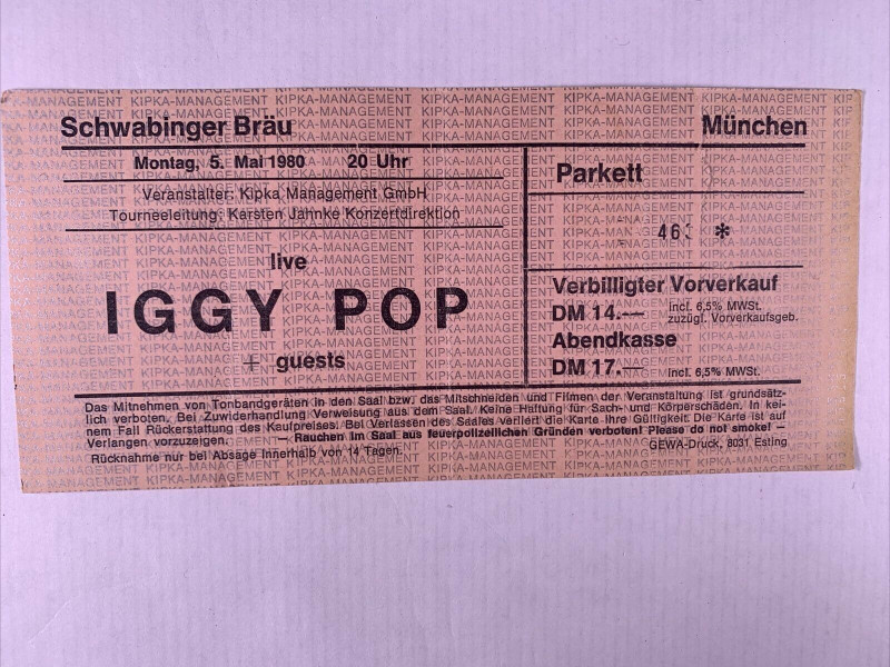 Iggy Pop Ticket Vintage Soldier European Tour Munich Germany 1980 front