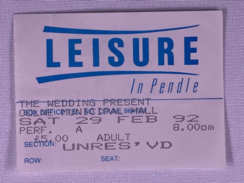 The Wedding Present David Gedge Ticket Vintage Orig Municipal Hall Colne 1992 front