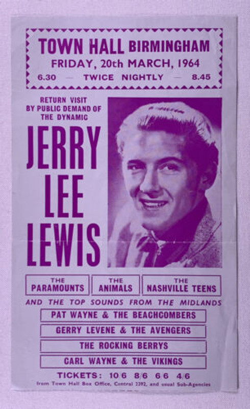 Jerry Lee Lewis Flyer Original Vintage Town Hall Birmingham 1964 Front