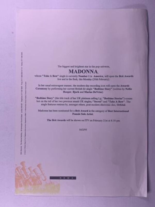 Madonna Press Release Original WEA  Records Brit Awards 1995 Front