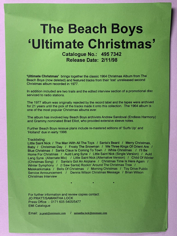 The Beach Boys Press Release Original Vintage Ultimate Christmas 1998 front