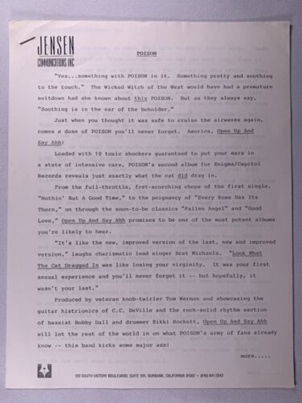 Poison Press Release Biography Original Jensen Promo Open Up And Say Ahh! 1988 Front