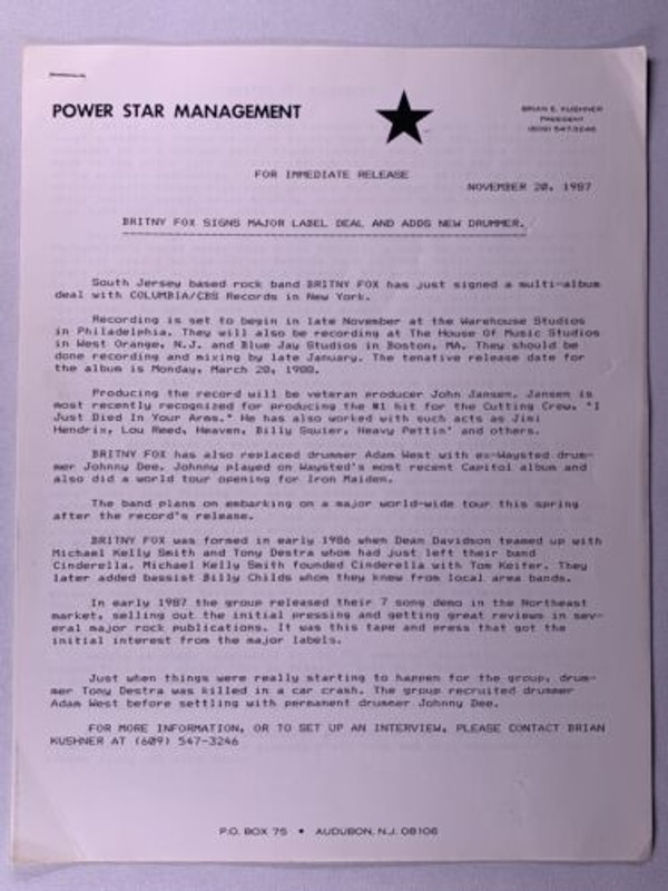 Britny Fox Dizzy Davison Press Release Original Power Star Management Promo 1987 Front