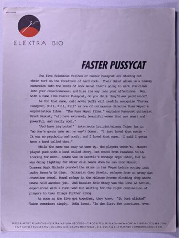 Faster Pussycat Press Release Biography Original Vintage Elektra Promo 1987 Front