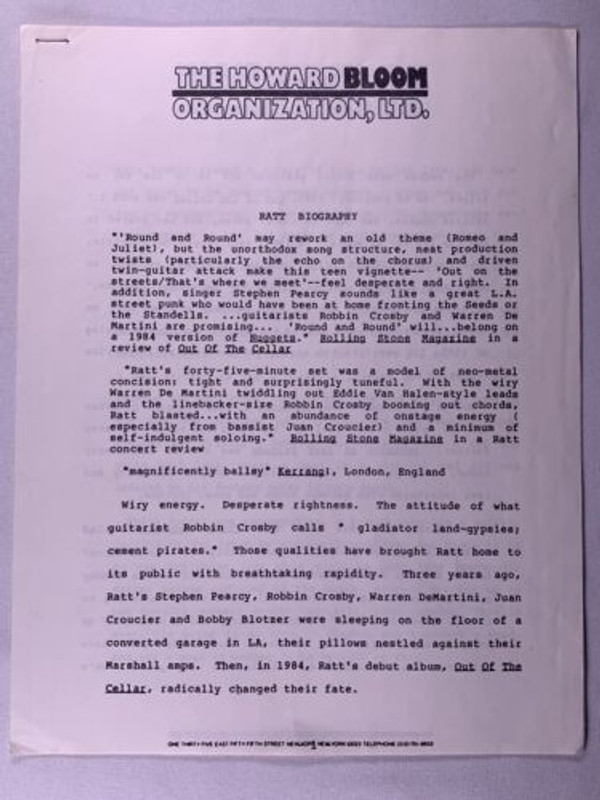 Ratt Steven Pearcy Press Release Biography Original  The Howard Bloom Promo 1985 Front