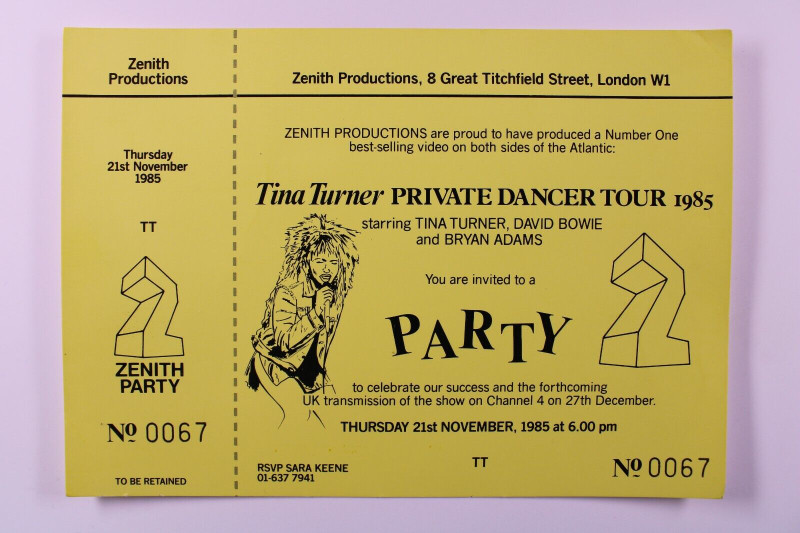 Bowie Tina Turner Ticket Complete Invite To Celebrate Private Dancer Tour 1985 front