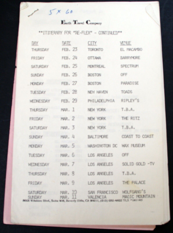 Re-Flex John Baxter Itinerary Original Vintage US Tour February ? March 1984 Front