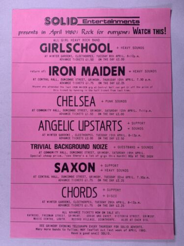 Iron Maiden Chelsea Angelic Upstarts Flyer Original Promo Grimsby Hull 1980 front