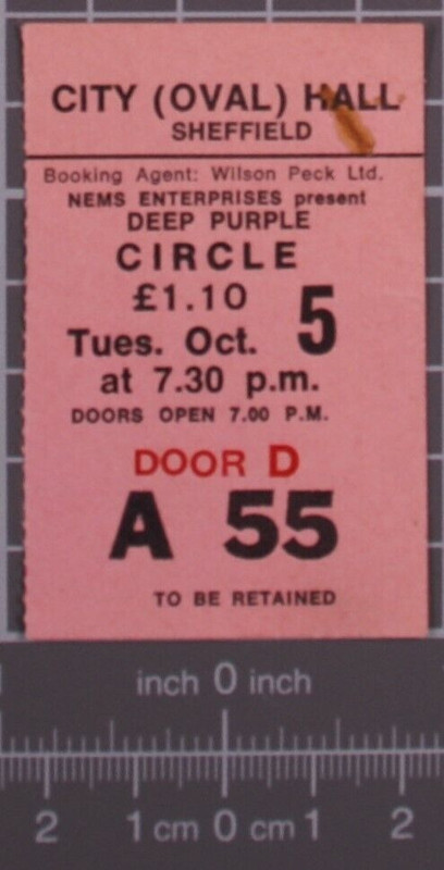Deep Purple Ticket Original Vintage Fireball Tour Sheffield UK October 1971 front