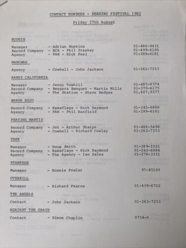 Iron Maiden Bruce Dickinson Contact List Original Vintage Reading Festival 1982 page 1