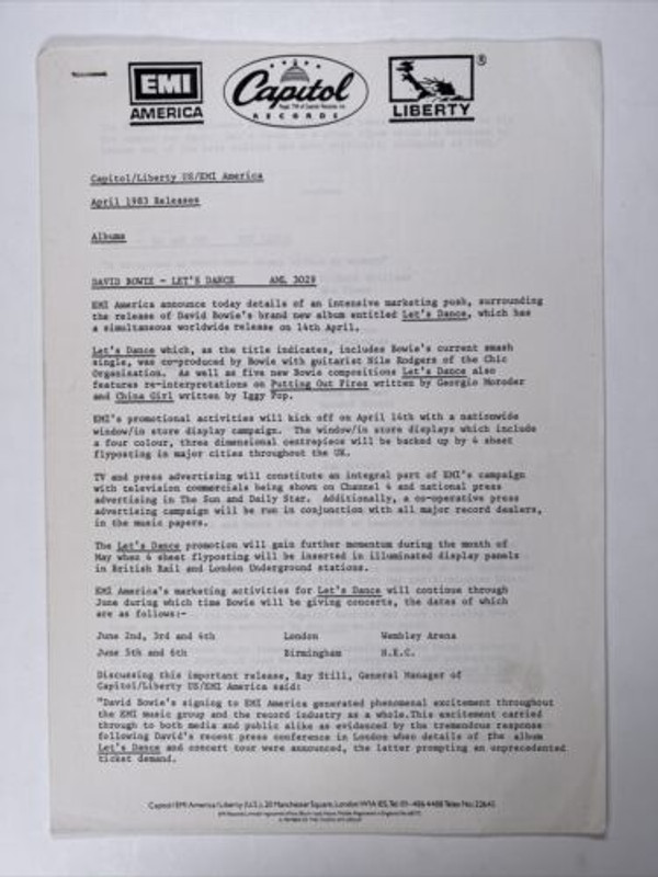 David Bowie Phil Everly Press Release Original Vintage Lets Dance Promotion 1983 Front