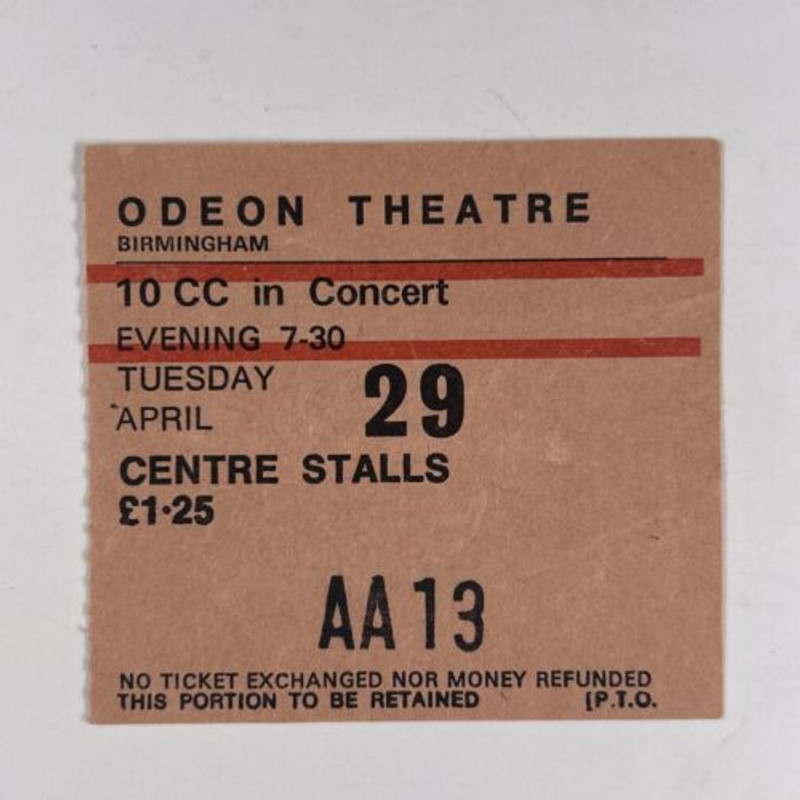 10CC Ticket Original Vintage Soundtrack Tour Odean Theatre Birmingham 1975 Front