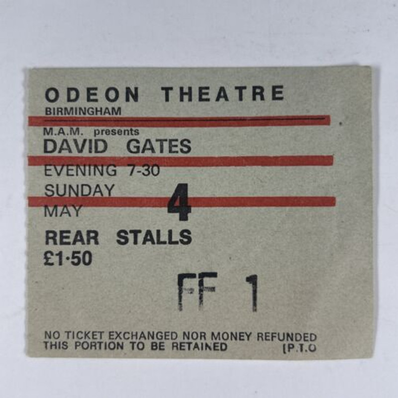 David Gates Ticket Original Vintage Solo Performance Tour Odean Theatre 1975 Front