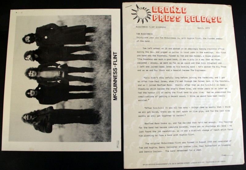 McGuinness Flint Press Release + Photo Original Vintage Bronze Promo April 1973 Front With Photo