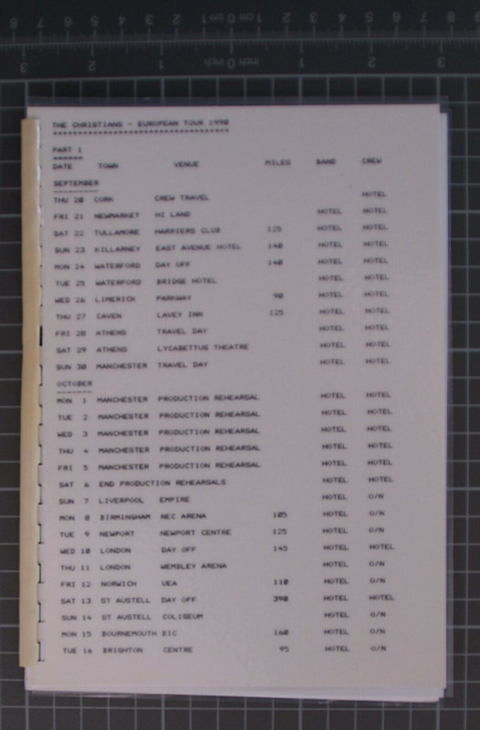 The Christians Gary Christian Itinerary Original European Tour Sept-Oct 1990 Front