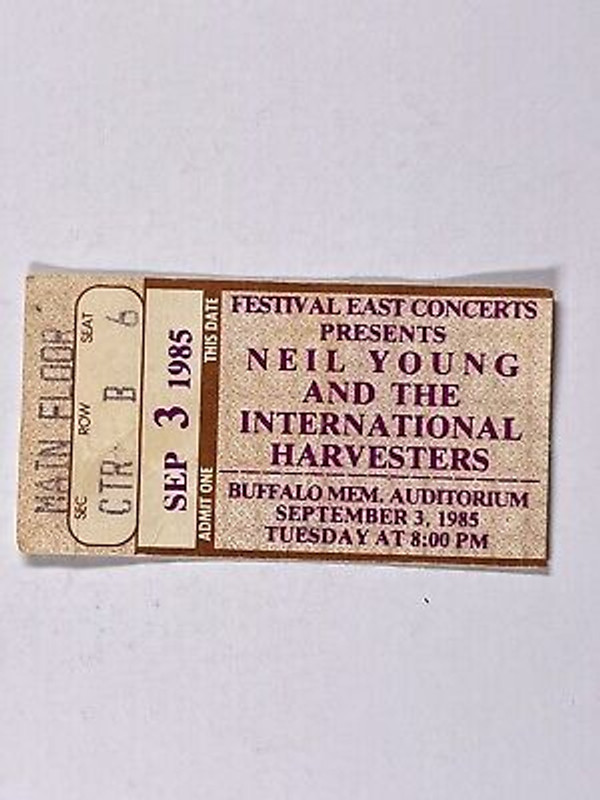 Neil Young International Harvesters Ticket Original Buffalo Auditorium sept 1985