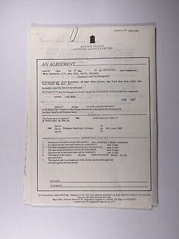Lou Reed Festival Contract And Rider Original Office Copy Mojo Concerts 1987 Front
