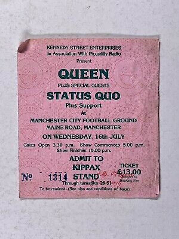 Queen Freddie Mercury Status Quo Ticket Vintage Maine Road Manchester July 1986 Front