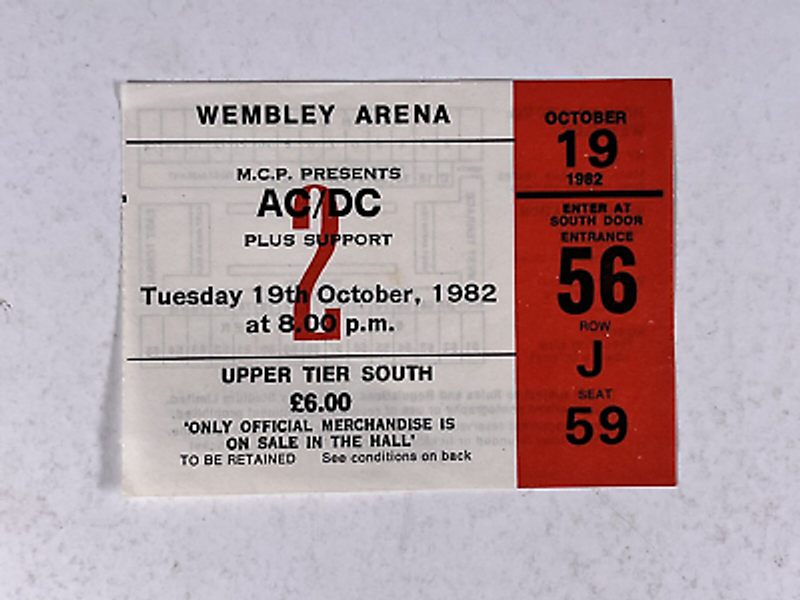 AC/DC Ticket Angus Young Brian Johnson Original Wembley Arena October 19th 1982 Front