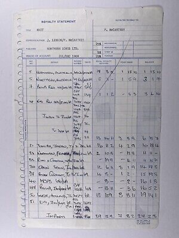The Beatles Royalty Statement Paul McCartney 'Wait' Original Jun/December 1969 Front