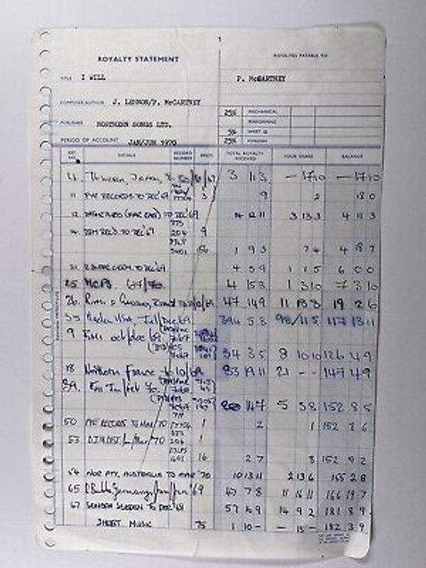 The Beatles Royalty Statement  Paul McCartney 'I Will' Orig January/June 1970 Front