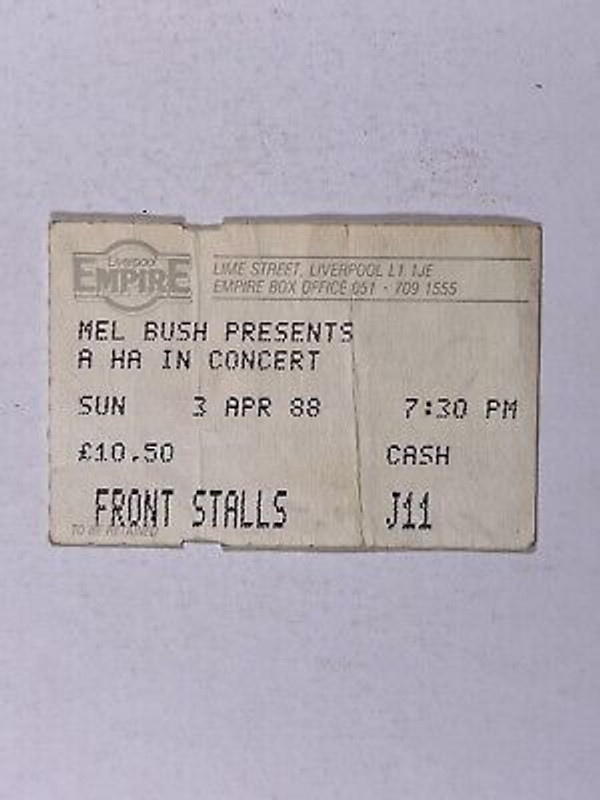 A-Ha Ticket Original Vintage Empire Theatre Liverpool 1988