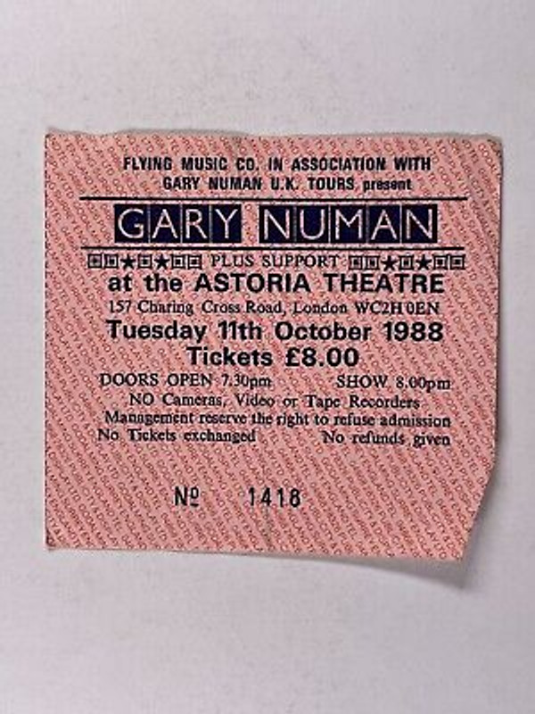 Gary Numan Ticket Original Vintage Astoria Theatre October 1988
