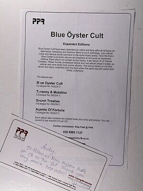 Blue Oyster Cult Press Release Original Expanded Editions Circa 2000s