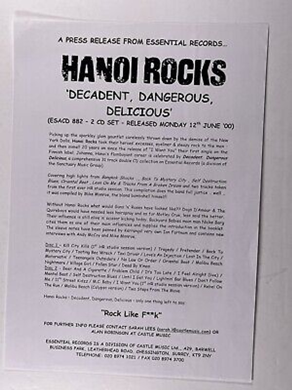Hanoi Rocks Press Release Original Essential Records Promotion Circa 2000
