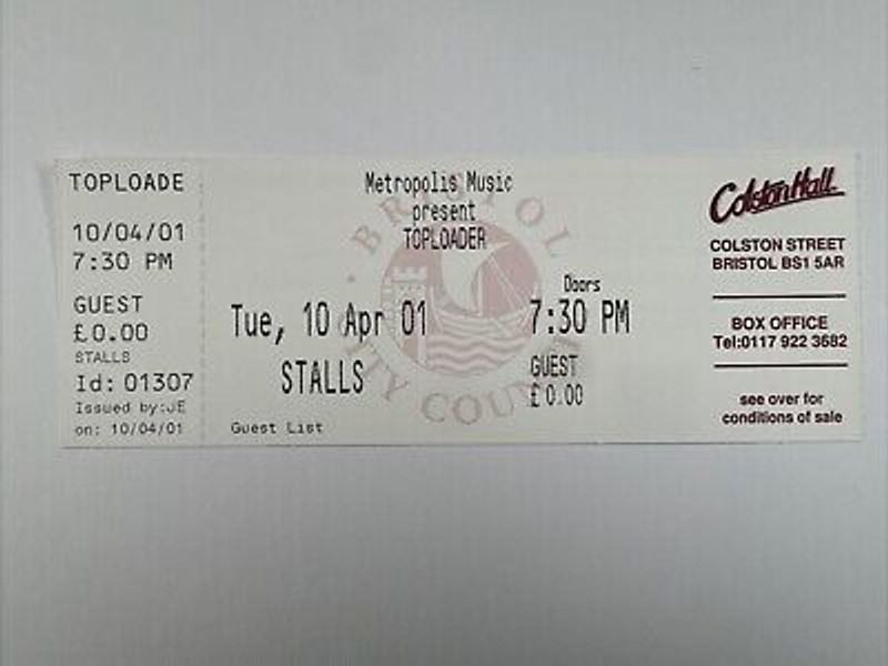 Toploader Dan Hipgrave Ticket Original Colston Hall Bristol 10th April 2001 Front