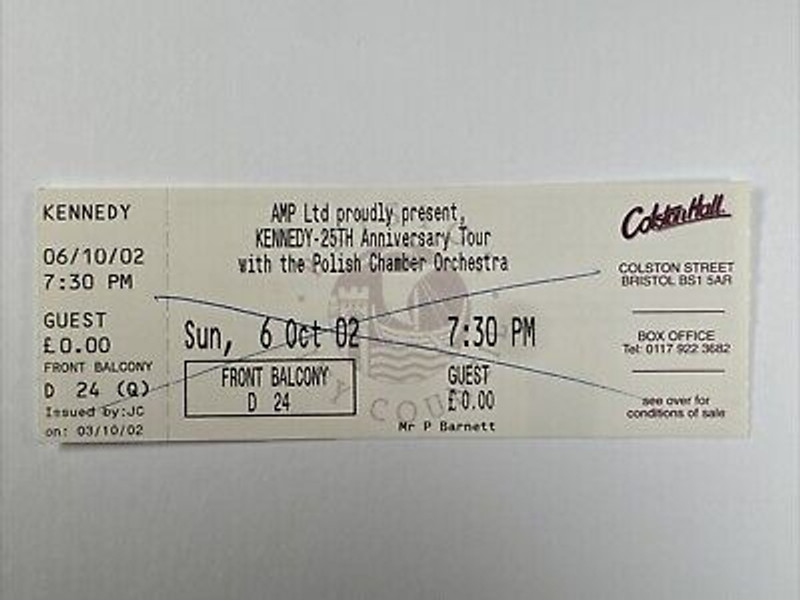 Nigel Kennedy Concert Ticket Complete Unused Colston Hall Bristol October 2002 Front