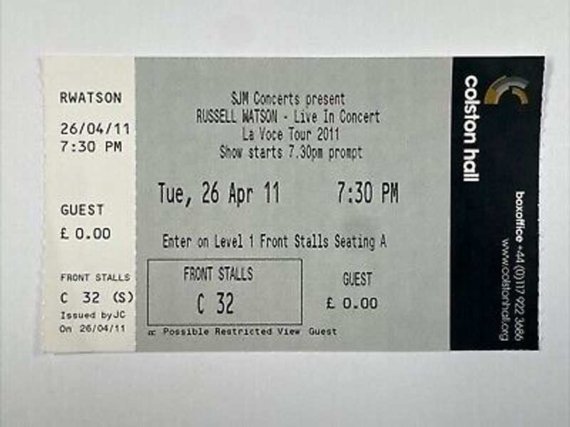Russell Watson Ticket Original La Voce Tour Colston Hall 26th April 2011 Front