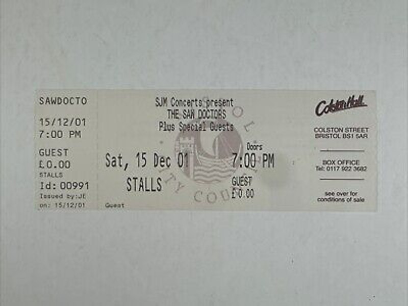 The Saw Doctors Guest Ticket Original Colston Hall Bristol Concert Dec 2001 Front