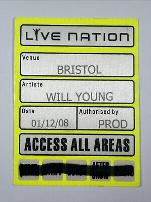 Will Young Access All Areas Pass Original Colston Hall Bristol December 2008 Front