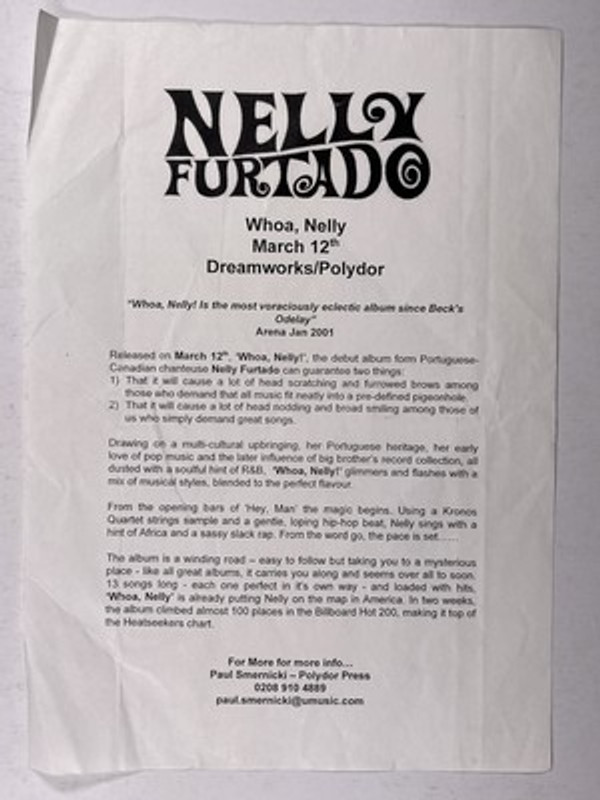 Nelly Furtado Press Release Original Dreamworks Polydor Promo 'Whoa Nelly!'