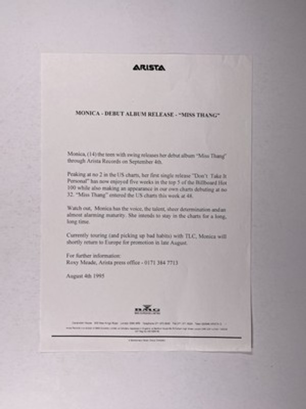 Monica Press Release Debut Album Release 'Miss Thang' Original Aug 4th 1995 Front