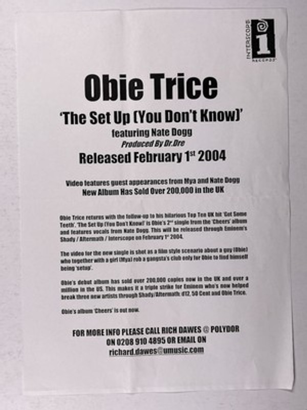 Obie Trice Press Release Original 'The Set Up (You Don't Know) February 1st 2004 Front