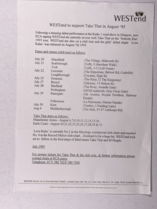 WESTend Press Release Take That Support Announcement Club Tour Dates 1995 Front