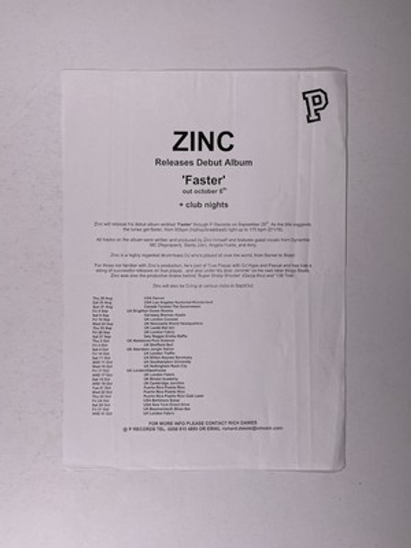 Zinc Press Release Original Debut Album 'Faster' October 6th Circa 1990s Front