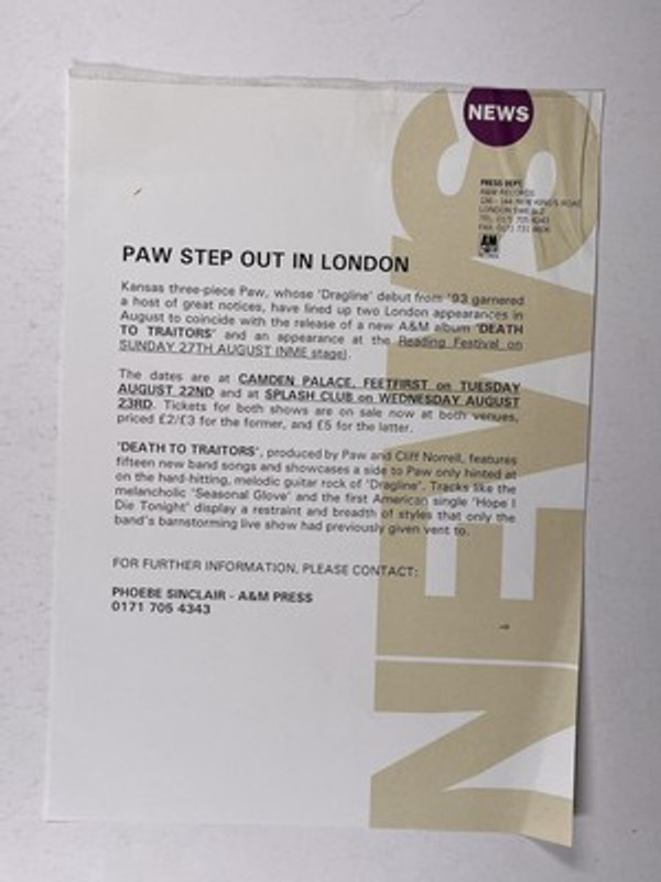 Paw Band Press Release Original  Mark Hennessy Death To Traitors Circa 1990s Front