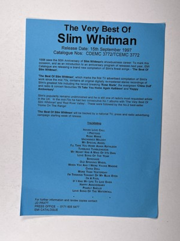 Slim Whitman Press Release Original The Very Best Of 15 September 1997 Front