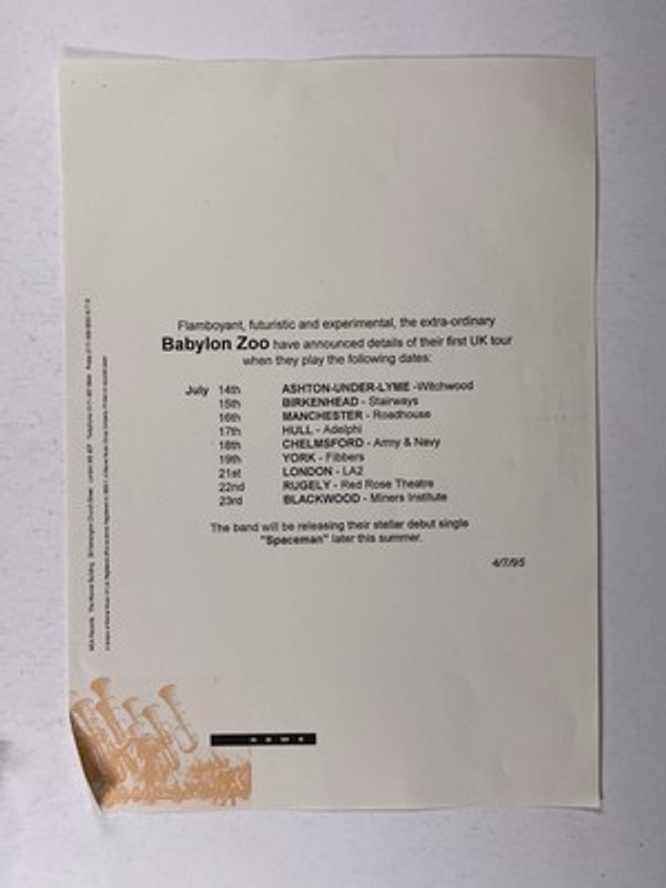 Babylon Zoo press Release Original First Uk Tour Dates 4th July 1995 Front