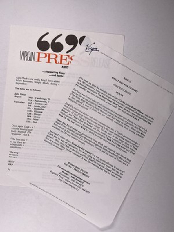 King L Press Release Original great Day For Gravity Release Date 29th Aug 1995 Front