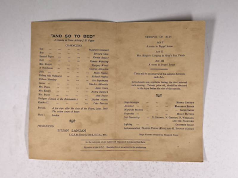 The Stanhope Theatre Programme 'And So To Bed' Goldsmith & Haverstock Players