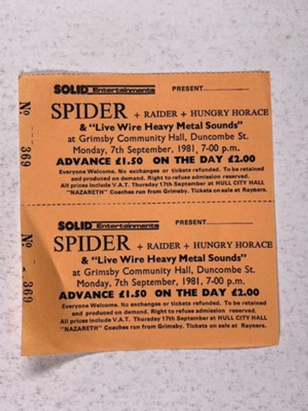 Spider Concert Ticket X2 Original Grimcby Community Hall 7th September 1981 Front