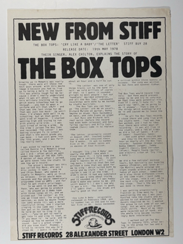 The Box Tops Stiff records Press Release front