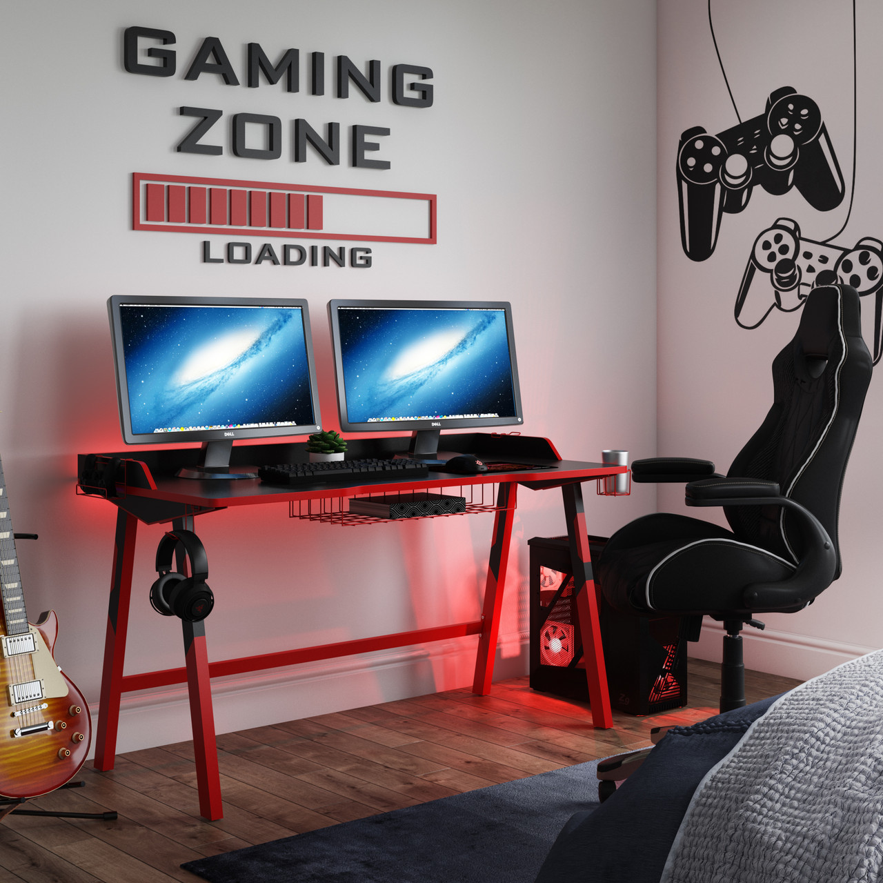 Office Gaming Desk for Multiple Monitors, Black/Red