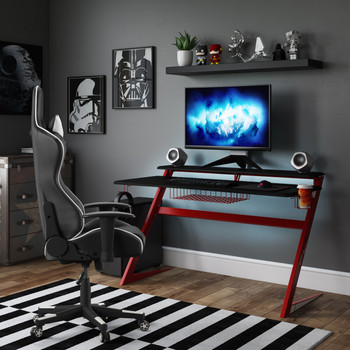 Aries Gaming Home Office Desk with Carbon Fibre Effect Top Black/Red 