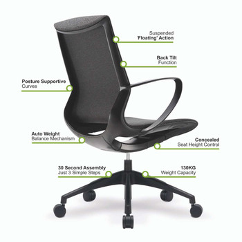 Aeros Medium Back Executive Task Office Chair with Integrated Height Control and Weight Activated Auto Balance Mechanism - Grey Minimalistic Design NAU-BCF-U370-GY